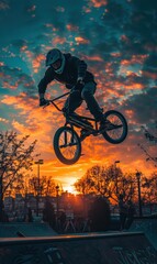 A biker performs a stunt against a beautiful sunset. AI.