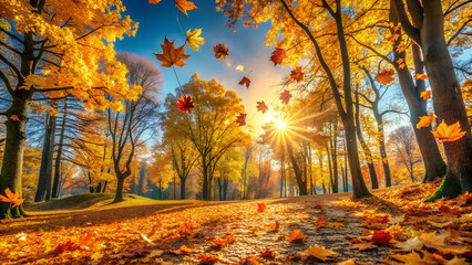 Fototapeta premium Golden Autumn Leaves Falling in a Park with Sunlight