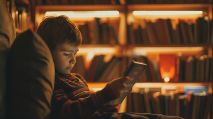 Boy reading in a cozy library corner