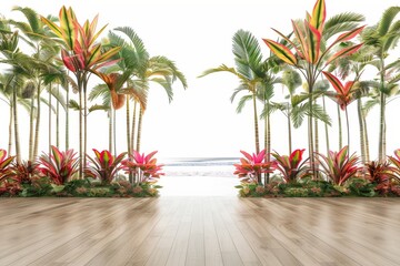 Fototapeta premium Tropical beach with palm trees and exotic flowers, wooden deck leading to the ocean under a sunny sky