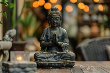 Fototapeta premium Bronze buddha statue meditating amidst soft bokeh lights in a cozy restaurant atmosphere