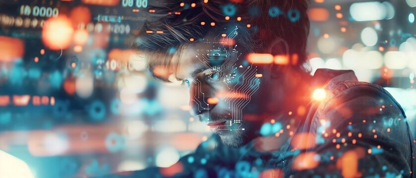 Digital technology, software development concept. Coding programmer, software engineer working on laptop with circuit board and javascript on virtual screen, internet of things IoT