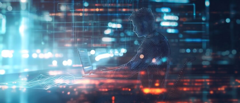 Digital technology, software development concept. Coding programmer, software engineer working on laptop with circuit board and javascript on virtual screen, internet of things IoT