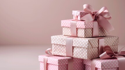 Obraz premium Stacked pink polka dot gift boxes with ribbons on light pink background. Studio still life photography. Gift wrapping and presentation. Birthday celebration. Design for posters, cards, invitations, ba