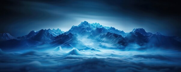 Fototapeta premium A mountain range is shown in the sky with a blue color. The sky is filled with clouds and the mountains are covered in snow. The image has a serene and peaceful mood
