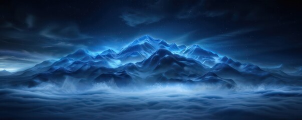 A mountain range is shown in the sky with a blue hue. The mountains are covered in a misty fog, giving the scene a serene and peaceful atmosphere. The blue color of the mountains