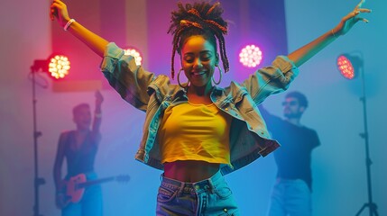Fototapeta premium A vibrant young woman with an infectious smile dances joyfully under colorful studio lights.