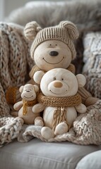 Three wooden toy bears sitting on a blanket. AI.
