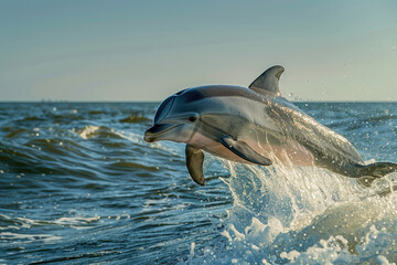 Naklejka premium A playful dolphin leaps out of the water, looking at the camera.