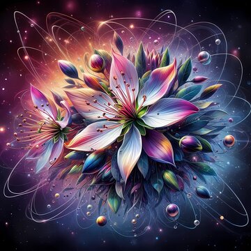 A close up of a Alcaparra, (Capparis spinosa) on a multicolor energy background, 
abstract background with flowers, created with A.I tools, Generative