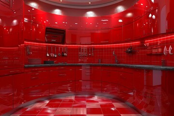 Luxurious red kitchen with glossy cabinets, high-end appliances, and elegant lighting, vibrant and stylish interior