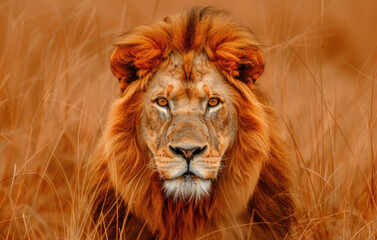 Fototapeta premium A majestic lion with a regal mane stares into the camera.