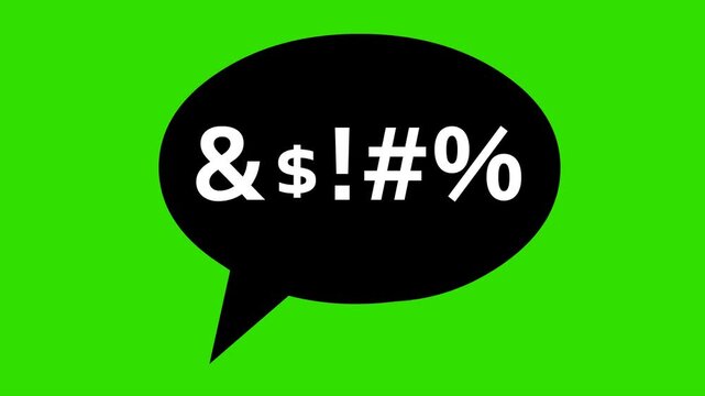 video animation black and white icon speech bubble with insult text, on a green chroma key background