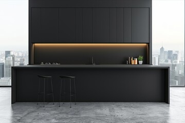 Naklejka premium Modern minimalist black kitchen with sleek design, wooden accents, and large windows, stylish and contemporary interior