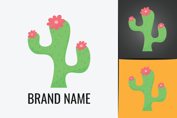 Green cactus flower logo. Desert green plant. Cactus with sharp thorns. Cacti logotype