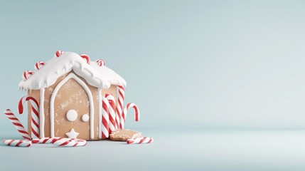 A 3D cartoon gingerbread house decoated with candy canes and icing, with copy space, high-resolution photo, realistic photo