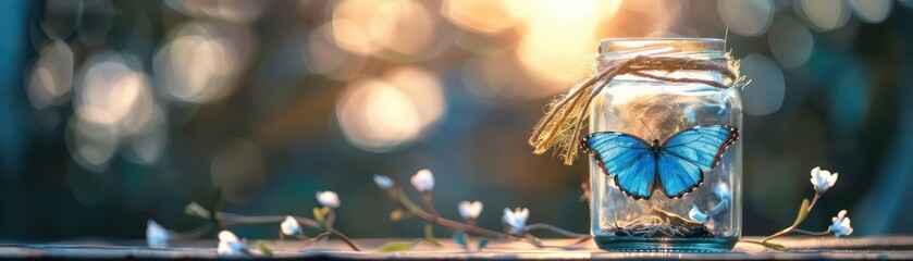 A jar with a blue butterfly inside is placed on a table. The jar is filled with flowers and leaves, creating a serene and peaceful atmosphere