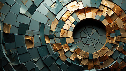 Wall Circle Gold and Teal - abstract, mosaic, tiles, pattern, art, texture, design, geometric, blue, copper, circle, shapes, modern, contemporary, decorative, creative