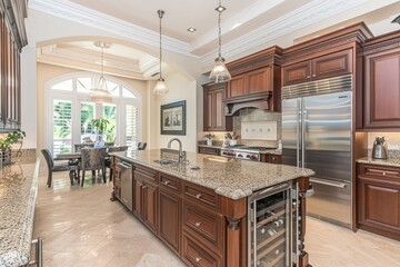 Luxurious traditional kitchen with dark wood cabinets, granite countertops, and elegant lighting, sophisticated and classic design