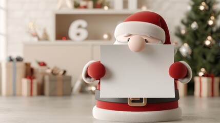 Fototapeta premium A 3D cartoon scene of Santa Claus reading a list in his cozy living room, with copy space, high-resolution photo, realistic photo