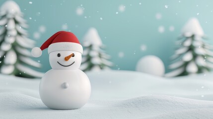 Fototapeta premium A 3D cartoon snowman with a carrot nose and a festive hat standing in a snowy landscape, with copy space, high-resolution photo, realistic photo