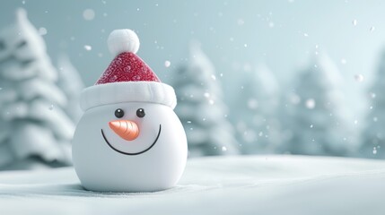 Fototapeta premium A 3D cartoon snowman with a carrot nose and a festive hat standing in a snowy landscape, with copy space, high-resolution photo, realistic photo