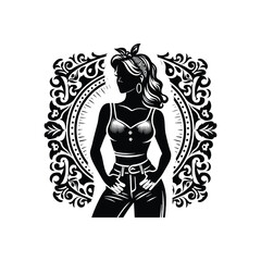 woman wearing retro fashion rockabilly look featuring a fitted top high waisted jeans and a bandana