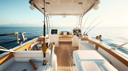 Interior of a modern fishing boat with mounted fishing rods, steering wheel, navigation devices, and cushioned seating on a calm sea under clear sky.