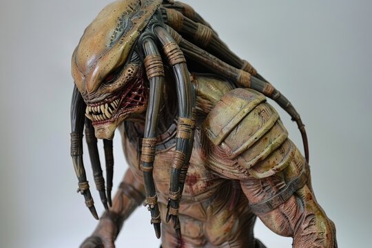 Realistic 3D rendering of a fierce predator alien with detailed textures, tribal armor, and an intimidating pose