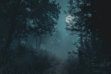 Fototapeta premium Dirt path is leading into a dark forest covered by fog on a spooky halloween night