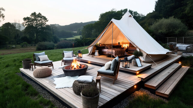 Luxury glamping site with a large canvas tent, wooden deck, fire pit, cushioned chairs, ottomans, and ambient lighting in a serene, green outdoors setting. - Powered by Adobe