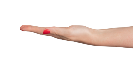 Outstretched hand, palm open and empty, ready to share or receive. Gesture symbolizing support, help, or offering. Beautiful, isolated on white background, with red manicure and., transparent PNG