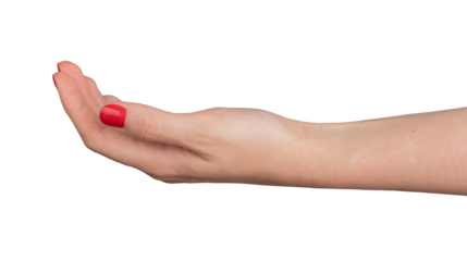Cupped hand with palm up, symbolizing charity and help. Elegant and delicate gesture, showing care and support. Isolated on white background, with varnished nails and a beautiful,., transparent PNG