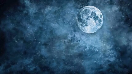 A large blue moon is shining in the night sky. The sky is filled with stars and the moon is the brightest object in the scene
