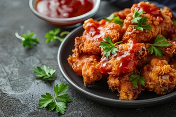 Fototapeta premium Closeup of succulent chicken wings coated in a glossy sauce, served on a dark plate with fresh parsley