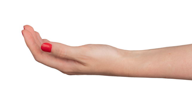 Cupped hand with palm up, symbolizing charity and help. Elegant and delicate gesture, showing care and support. Isolated on white background, with varnished nails and a beautiful,., transparent PNG - Powered by Adobe