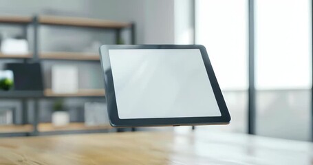 Floating digital tablet displaying research survey checklist in a bright, minimalist office setting. Research survey checklist form