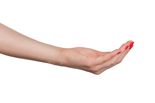 Cupped hand with palm up, symbolizing charity and help. Beautiful young woman’s hand, with varnished nails, outstretched to offer or receive. Isolated on white background, closeup., transparent PNG