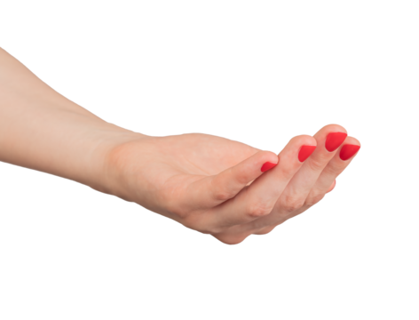 Cupped hand with palm up, symbolizing charity and help. Outstretched gesture, isolated on white background, from a woman with red varnished nails. Closeup of an open hand ready to., transparent PNG