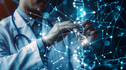 A man in a white coat near a virtual screen depicting DNA compounds. Digital health and medical diagnostics. Technology, science concept.