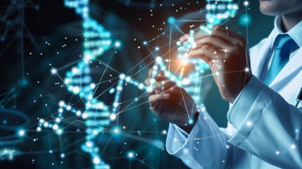 A man in a white coat near a virtual screen depicting DNA compounds. Digital health and medical diagnostics. Technology, science concept.