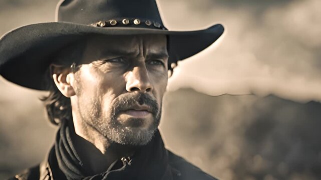 Portrait of a cowboy, A guy in a cowboy hat looks into the distance, the wild west