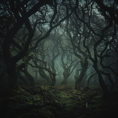 Mysterious forest with twisted branches glowing with green light creating a spooky halloween scene