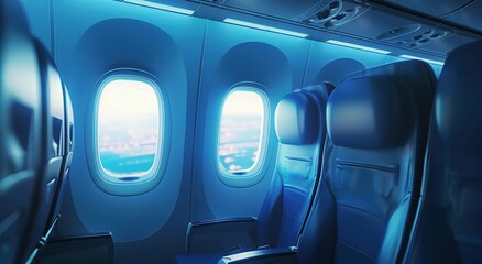 A blue airplane cabin with the seats lined up and windows on one side, with an open window showing clear skies outside.