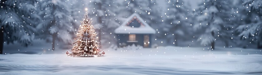 A Christmas tree is lit up in front of a cabin in the snow. The scene is peaceful and serene, with the snow covering the ground and the tree providing a warm and festive atmosphere