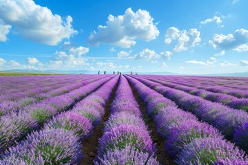 Harvesting lavender in a vibrant field under a beautiful blue sky with white clouds