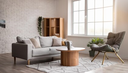 Interior of light living room with grey sofa coffee table armchair and big window