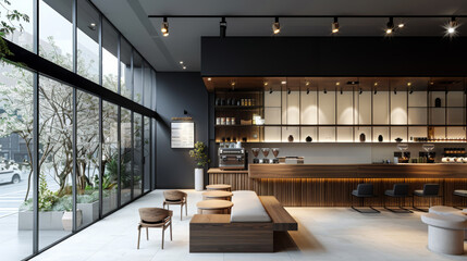 Minimalist coffee shop style with a wooden bar counter and delicate soft lighting. Modern interior of a cafe in a modern complex with panoramic windows.