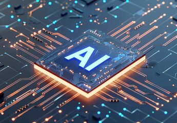 3D text "AI" on top of a computer chip,