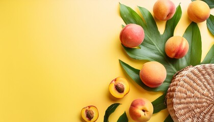 summer composition background summer concept Flat lay top view copy space peach fruit on yellow wallpaper